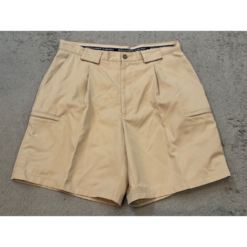 Boca Classics Club Golf Shorts Mens 34 Tan Khaki Pleated Cargo Zipper Pockets